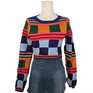 Multicolor contrast knit cropped sweater and pants set